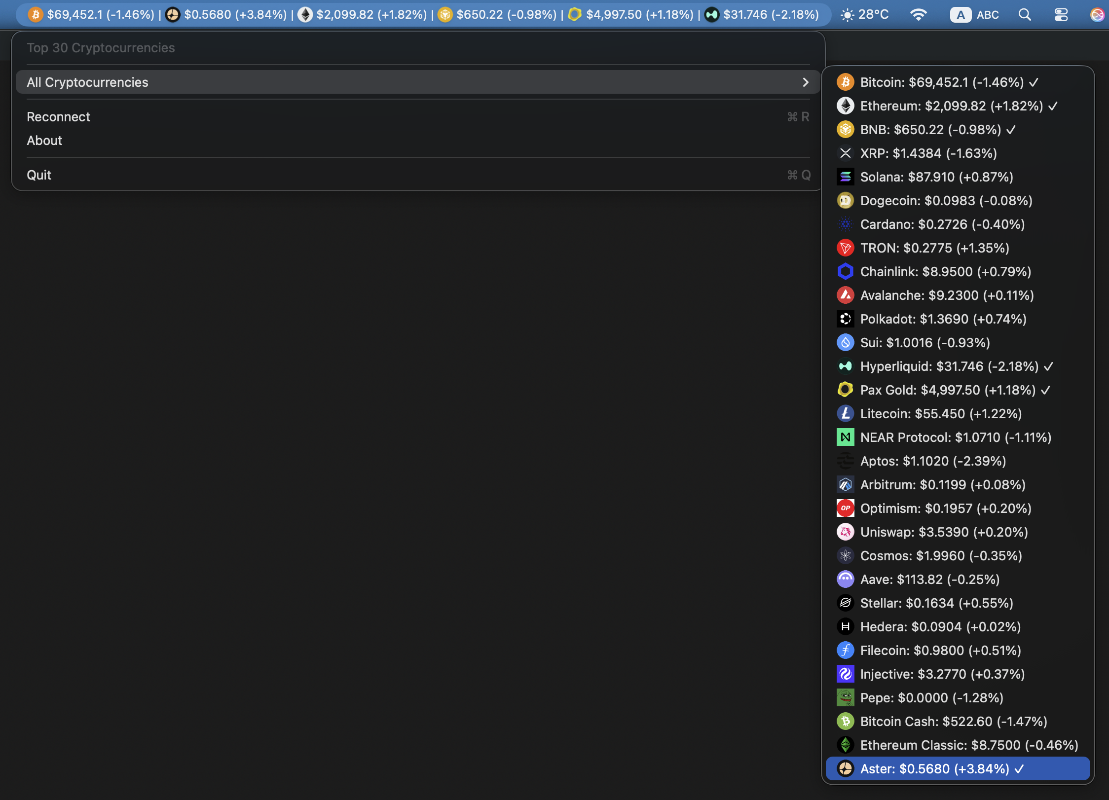 Crypto Price Tracker screenshot showing the macOS menu bar with cryptocurrency prices